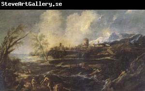 MAGNASCO, Alessandro Landscape with a Man Moving a barrel beside the Shore (mk05)